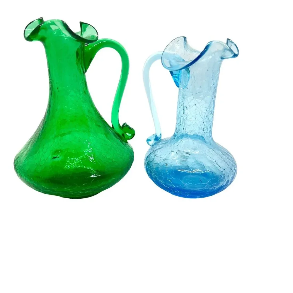 Crackle Glass Vases Pitchers Vintage Blue Green Ruffled Edge Handheld Set Of 2 - Picture 4 of 16